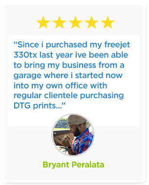 “Since i purchased my freejet 330tx last year ive been able to bring my business from a garage where i started now into my own office with regular clientele purchasing DTG prints...”